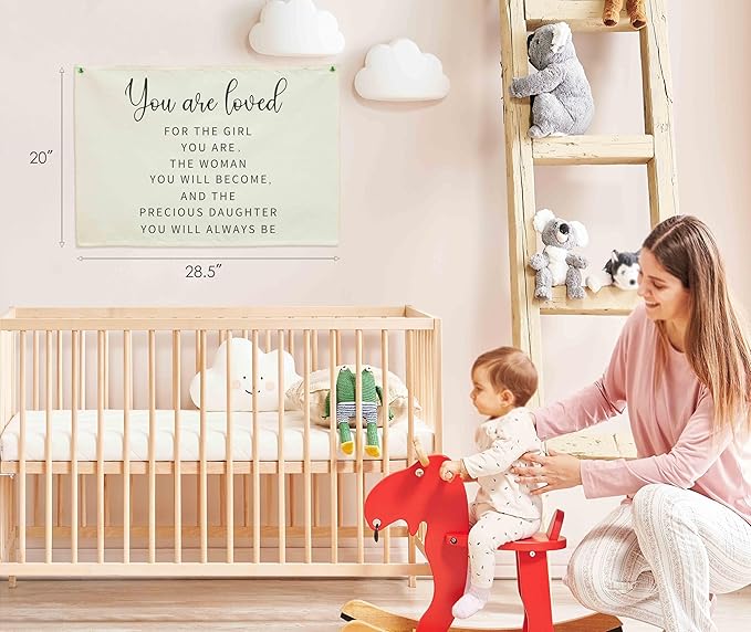 Canvas Banner Wall Decor Hanging Rectangular Poster Flag Sign,Nursery Playroom Bedroom Babyroom Decor,Baby Shower Christmas Gift for Kid Girl-You are Loved for The Girl You Are-28.5"Lx 20"W