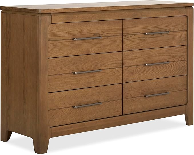 Evolur Oakley Double Dresser – 6 Drawer Nursery & Bedroom Dresser, Solid Poplar Wood Storage Organizer, Hickory Finish, Durable Modern Design