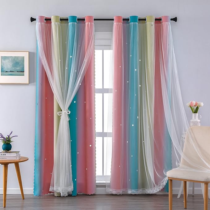 XiDi Girls Room Decro, Blackout Curtains for Kids Bedroom, Colorful Rainbow Style, Unicorn Wall Decor Ombre Curtains, Princess Room 63 Inches Long Pink/Blue