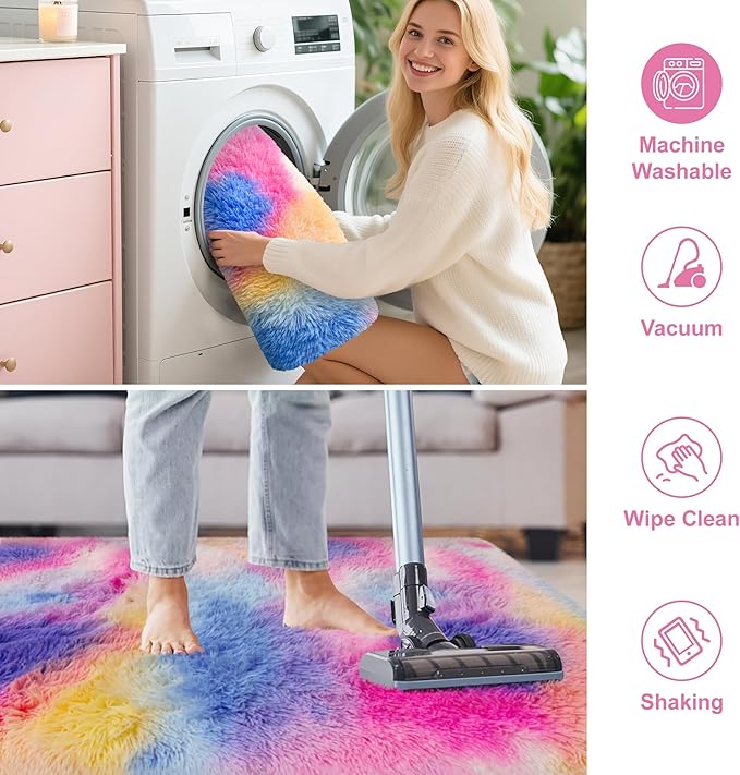 Soft Fluffy Pink Rainbow Rug for Girls Bedroom Carpet 2x8 Tie Dyed Shag Runner Fuzzy Bedside Kids Princess Rug for Girls Bedroom Living Room Hallway Nursery Kids Unicorn Home Decor