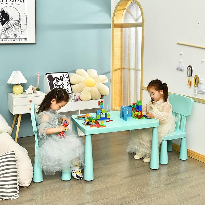 HONEY JOY Kids Table and Chair Set, Plastic Children Activity Table and 2 Chairs for Art Craft, Easy-Clean Tabletop, 3-Piece Toddler Furniture Set for Daycare Playroom, Gift for Boys Girls (Green)