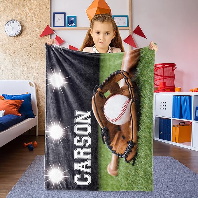 Baby Boys Personalized Baseball Blanket - Custom Name and Number - Soft Warm and Fluffy Flannel Fabric Gift for Sports Lovers 60x80inch