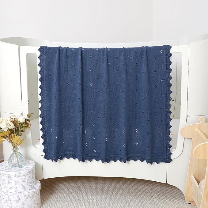 mimixiong Cotton Baby Blanket Knitted Crochet Receiving Crib Nursery Swaddling Blankets for Newborn Baby Boy Girl with The Bunny Rattle (Denim Blue)