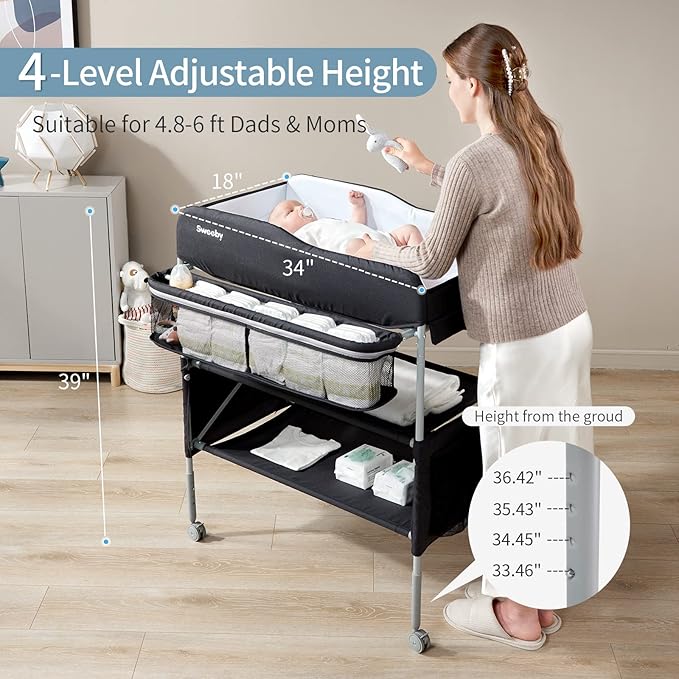 Sweeby Portable Baby Changing Table, Foldable Diaper Changing Station with Waterproof Pad, Mobile Nursery Organizer for Infant & Newborn Essentials, Black