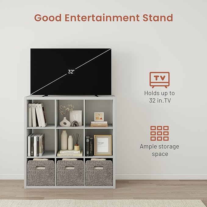 White 9 Cube Storage Organizer with Thickness Wooden Board, Wooden Nice Cube Storage Organizer, 9 White Cubbies Shelf for Bedroom, Living Room, Playroom, 14.6" × 43.8" × 43.8"