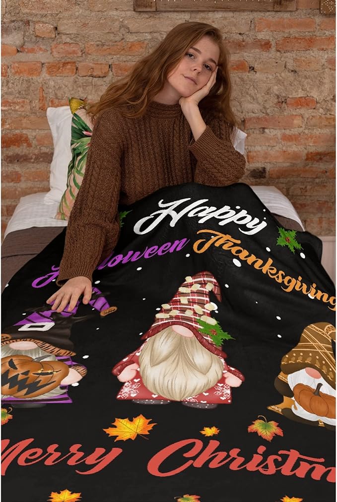 Thuswarm Happy Halloween Thanksgiving Christmas Flannel Throw Blanket Soft Warm Gnomes Print Blankets for Bed Couch Sofa Room Decoration Gifts 80”×60” Large for Adult