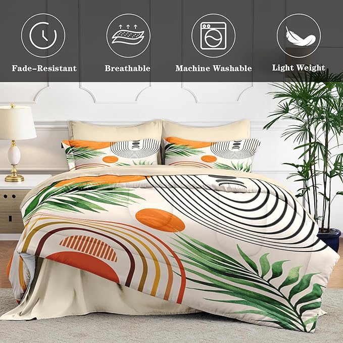 7 Pcs King Size Comforter Set with 2 Pillowcases & 2 Shams, Contemporary Mid Century Bedding for Kids and Adults, Rainbow Sun Boho Geometric Bed in a Bag with Flat Fitted Sheet