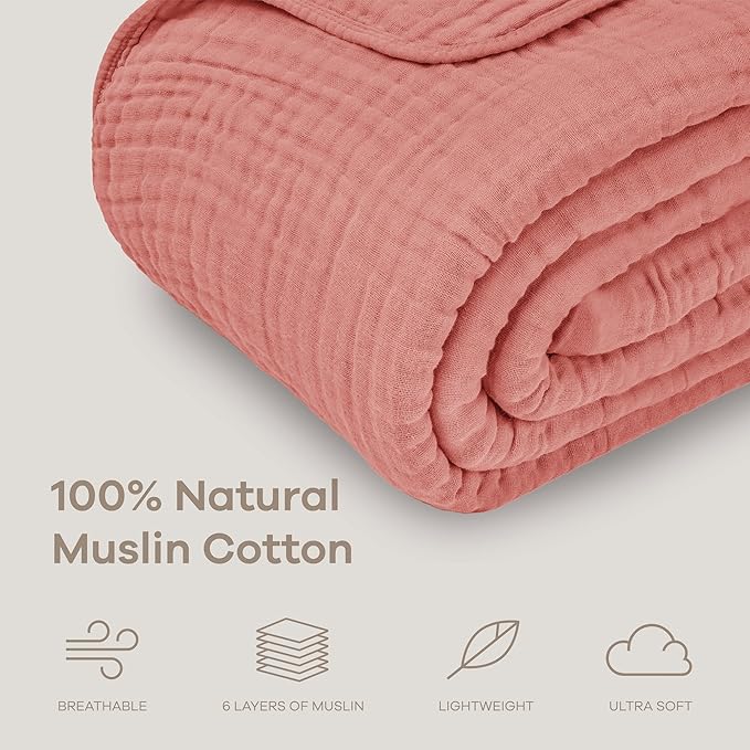 Comfy Cubs Muslin Blanket for Adults Queen 90" x 90" - 6 Layer Soft, Breathable & Lightweight Muslin Adult Blanket - Machine Washable & Designed in The US Bedding for All Seasons - Dusty Rose