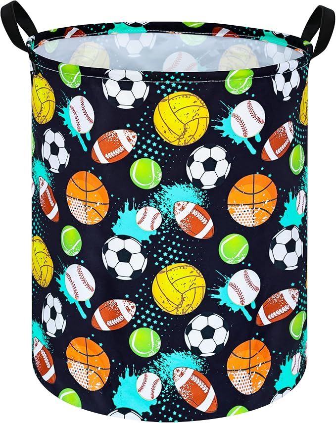 KUNRO Basketball Football Laundry Gift Basket Storage Hamper, Kids Toys and Clothes Storage Organizer Bins, Toy Shelf Basket with Handles for Room Decor (Sport-Balls)