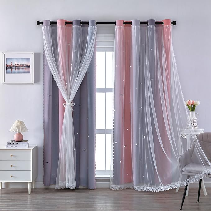 XiDi 90 Inches Curtains for Girls Bedroom 2 Panels Set, Grey and Pink Blackout Rainbow Grommet Curtains for Kids Room Decor, Unicorn Wall Decals Drapes for Little Girl Nursery Room 34 Inches Wide