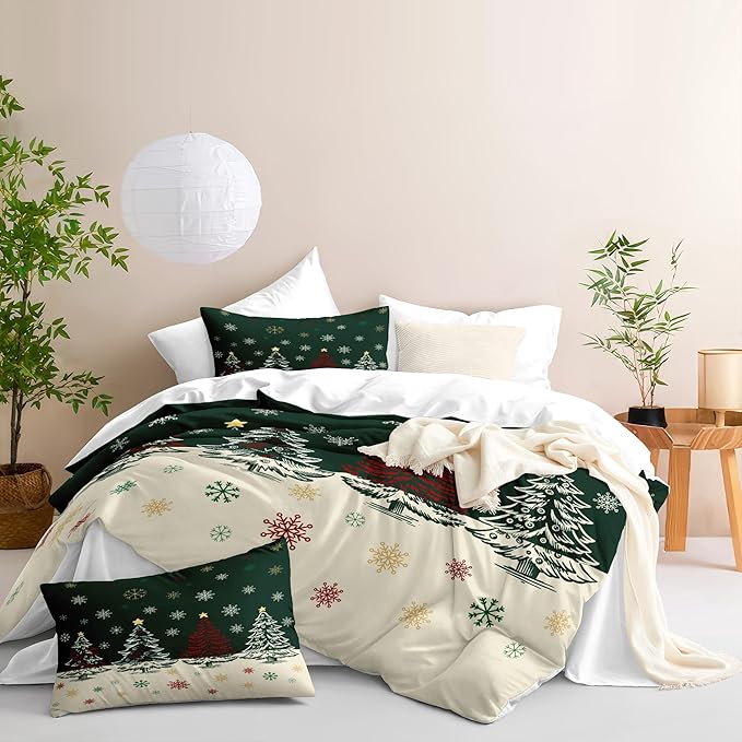Christmas Duvet Cover Full Size Green Christmas Tree Bedding Set Kids Boys Girls Xmas Holiday Cartoon Snowflake Comforter Cover 3 Pieces with Zipper Closure (No Comforter)