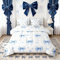 7 Pieces Blue Bowknot Kids Comforter Queen Size,Geometric Dots Bow Tie Patchwork Romantic Bedding Set,Bow Knot Princess Cute White Chic（Comforter+Fitted+Flat+2 Pillowcases+2 Throw Pillow Covers）