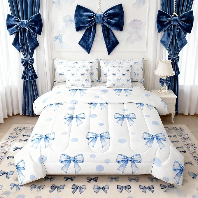 7 Pieces Blue Bowknot Kids Comforter Queen Size,Geometric Dots Bow Tie Patchwork Romantic Bedding Set,Bow Knot Princess Cute White Chic（Comforter+Fitted+Flat+2 Pillowcases+2 Throw Pillow Covers）