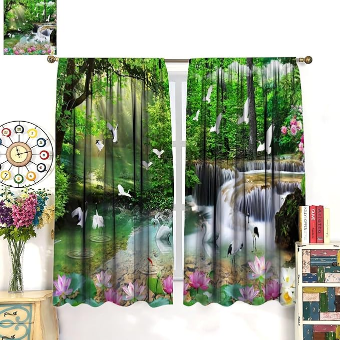 Nature Blackout Curtain, Waterfall Landscape Forest Swan Fish Pattern Rod Pocket Window Drapes, for Bedroom Living Room 42" W X 63" L