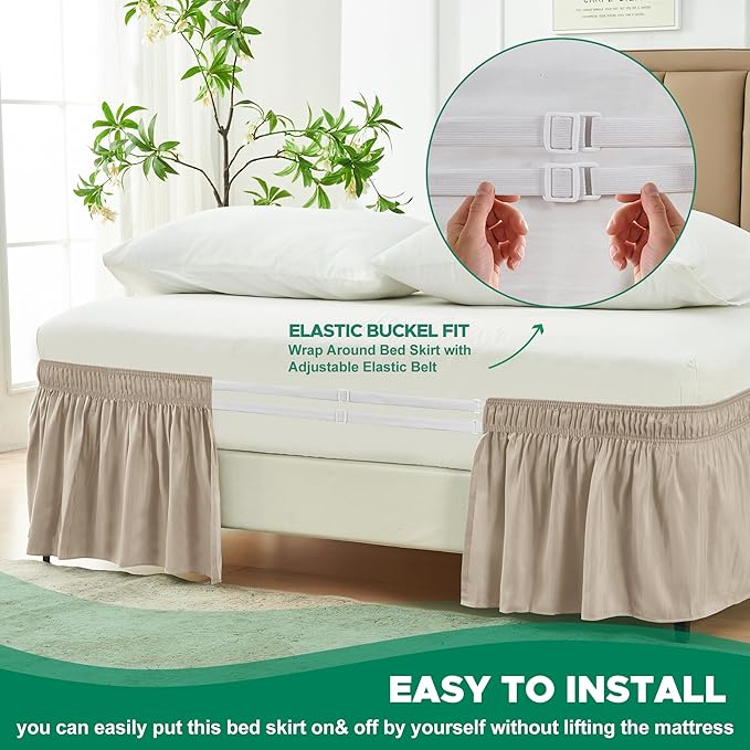 Biscaynebay Wrap Around Bed Skirts for King & Cal King Beds with Short Drop of 12", Light Camel Elastic Dust Ruffles Easy Fit Wrinkle & Fade Resistant Silky Luxurious Fabric Solid Machine Washable