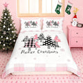 Merry Christmas Duvet Cover Set King Size, Pink Plaid Xmas Trees Bedding Set 3pcs, New Year Holiday Quilt Cover with Zipper Closures, Kids Girls Santa Claus Room Decor, 2 Pillowcases, No Comforter