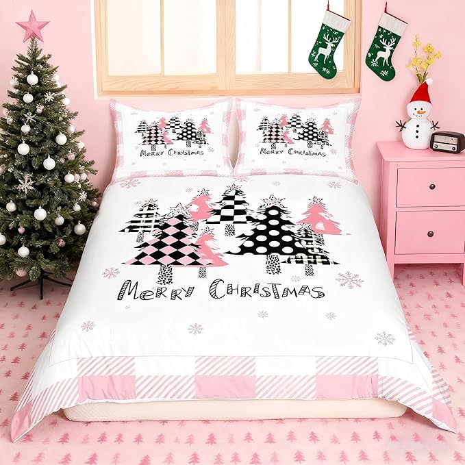 Merry Christmas Duvet Cover Set King Size, Pink Plaid Xmas Trees Bedding Set 3pcs, New Year Holiday Quilt Cover with Zipper Closures, Kids Girls Santa Claus Room Decor, 2 Pillowcases, No Comforter
