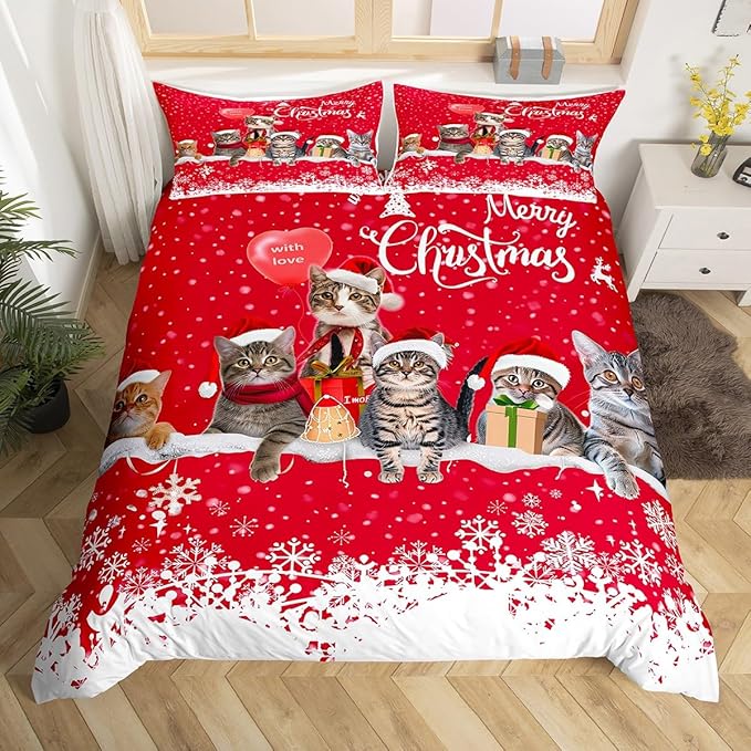 Merry Christmas Cat Bedding Set Xmas Snowflake Pet Cats Duvet Cover For Kids Children Teens Cute Kitten Comforter Cover 3D Animal Red White Bedspread Cover Bedroom Decor Quilt Cover 2Pcs Toddler Size