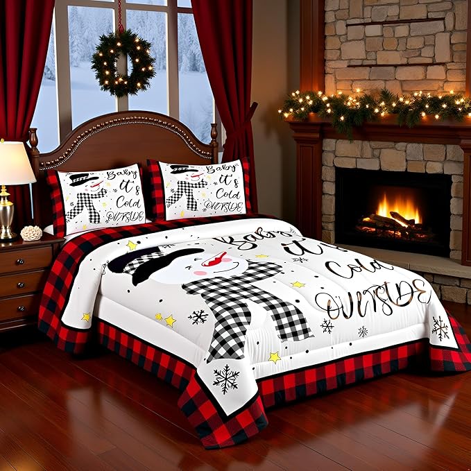 Kids Christmas Snowman Comforter Set King Size,Snowflake Winter Bedding Set,Girls Boys Adults Xmas Decor,Geometric Grids Lattices Patch Down Comforter,Red Rustic Vintage Duvet Insert,2 Pillowcases