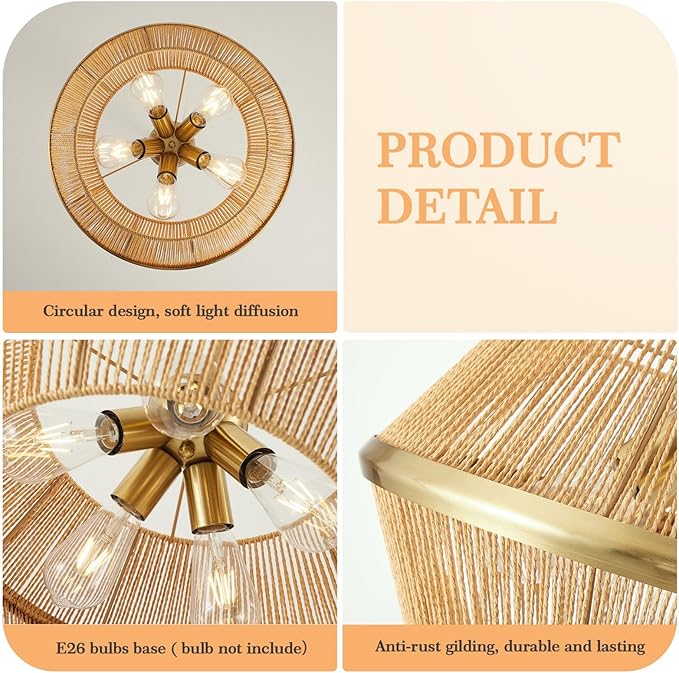 WJShome 19" Boho Rattan Chandelier Light Fixture – 5-Light Hand Woven Pendant to Enhance Your Farmhouse Dining Room, Kitchen Island, and Living Room Decor!
