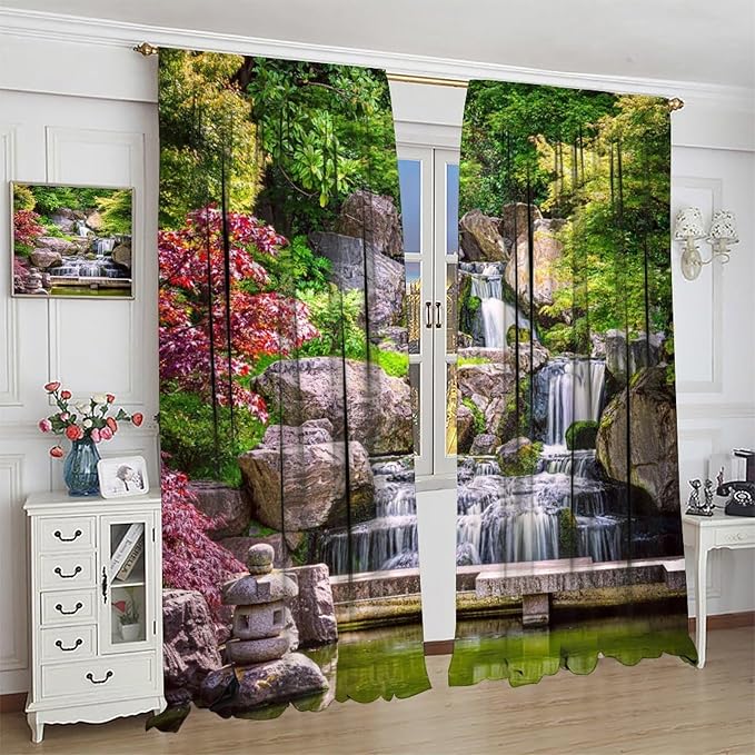 View Waterfall Blackout Curtains, Forest Waterfall Retro Style Natural Scenery Garden Art Landscape Rod Pocket Window Drapes, for Living Room Bedroom 42" W X 54" L
