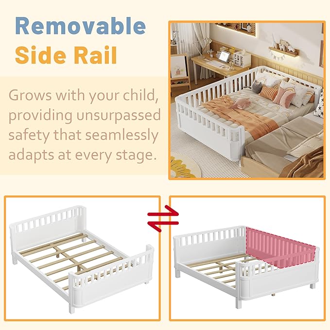 Full Kids Floor Bed Frame with Rails, Wood Low Montessori Platform Bed with Slats Support, Modern Daybed with Detachable Side Rails, Space Saving Kids Beds for Boys Girls Bedroom, White
