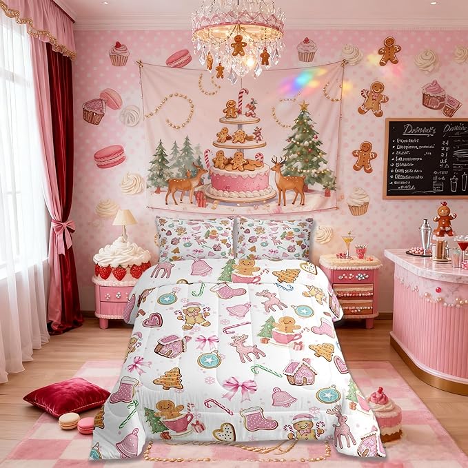 Cute Bow Tie Girls Bedding Set Twin Size,Pine Tree Merry Christmas Elk Deer Comforter Set,Bowknot Gingerbread Man Snowflake Quilt Comforter Teens,Pink White Colorful Room Decor All Season,1 Pillowcase