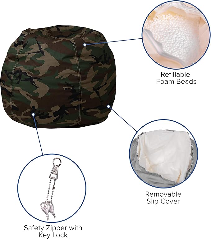 EMMA + OLIVER Small Camouflage Bean Bag Chair for Kids and Teens