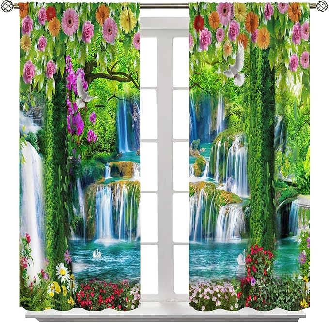 Jungle Nature Blackout Window Curtains, Trees Scenic Waterfall and River Spring Pattern Print Window Drapes, for Living Room Bedroom 63x72in 2 Panels