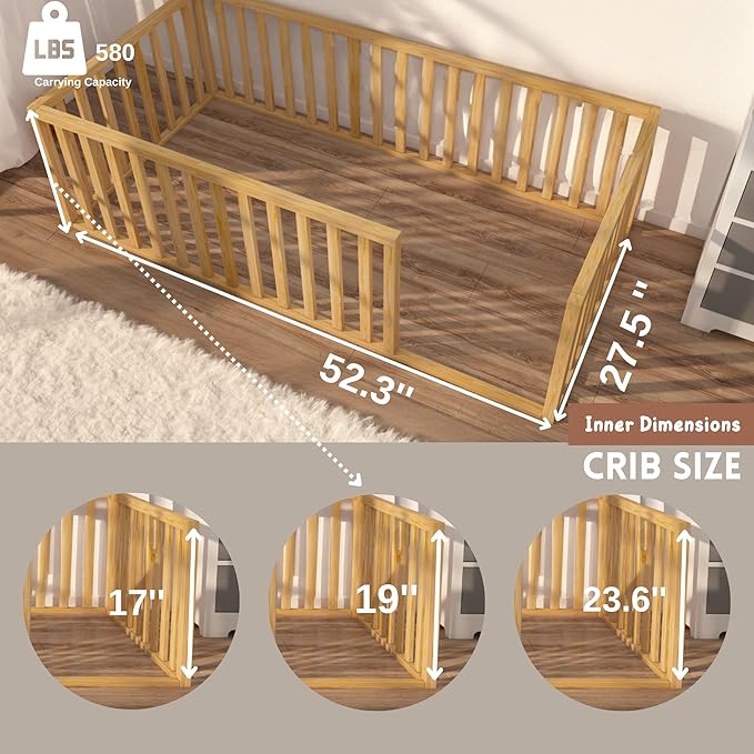 Montessori Floor Bed for Kids 53'' x 27.5'' Crib | Toodlers Floor Bed with Safety Guardrails | Pine Wood Baby Bed | Sturdy Wood Frame Bed for Girls and Boys (Crib, Height : 23.6 Inches)