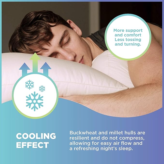 Bean Products 20" x 36" King Bed Pillow for Sleeping – Organic Buckwheat Fill with Organic Cotton Fabric, Soft Head Pillow – Eco-Friendly, Breathable, and Durable Sleep Aid, Made in The USA