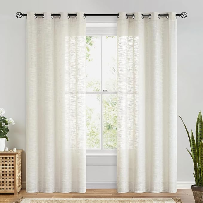 FMFUNCTEX Linen Semi Sheer Curtains for Bedroom, Natural Curtains 84 Inches Long for Living Room, Country Farmhouse Sheer Drapes, Light Filtering Window Curtain, Grommet Top 2 Panels