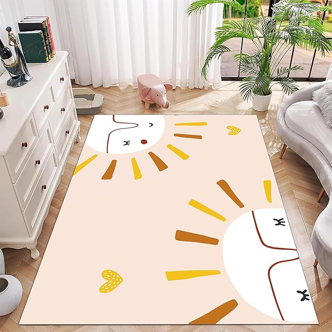 Children's Plush Area Rug - Soft, Washable, Non-Slip - Simple Cute Sun and Love Prints - Pink, 3x5ft