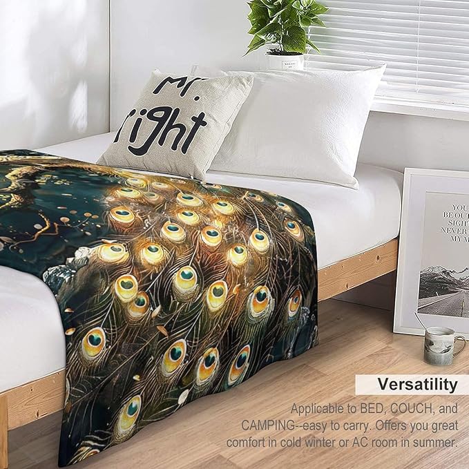 Peacock Blanket Gold Peacock Gifts for Girls Boys Woman Kids Lover Throw Blankets Soft Blanket Warm Fleece Flannel Plush Blankets for Bed Sofa Couch 50"x60"
