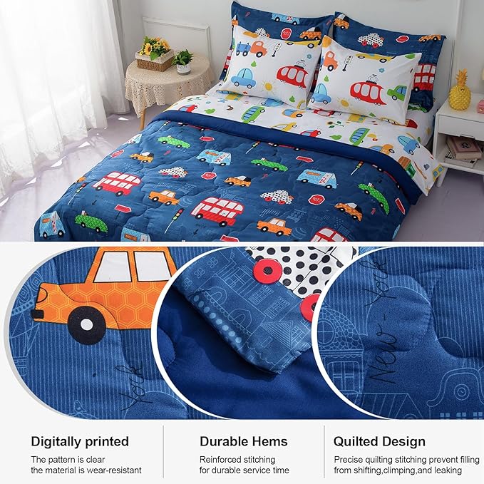 Wajade Cartoon Cars Comforter Set Bed in A Bag Twin Size Colorful Cars Bus Van Traffic Lights Bedding Set for Boys Kids (1 Comforter, 1 Flat Sheet, 1 Fitted Sheet, 2 Pillowcase and 2 Pillow Sham)