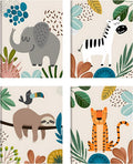 4pcs framed Baby Safari Nursery Wall Art Zebra elephant tiger monkey Pictures Poster Cute Animal Canvas Paintings Prints Decor for Kid Room Baby Room Wall Decor