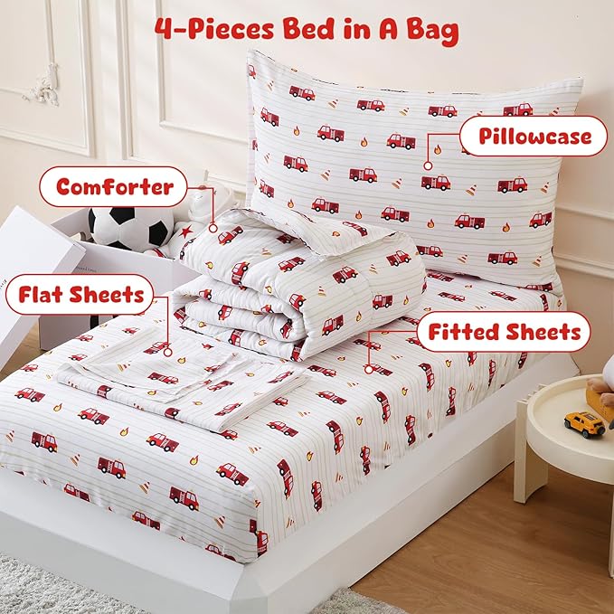 LONAVA Toddler Kids Comforter Set - 4 Pieces Toddler Bedding Sets for Boys Girls Children, Ultra Soft Microfiber Bed in A Bag with Flat Fitted Sheets, Fire Truck