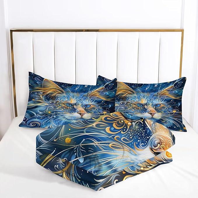 Cat Comforter Set Queen: Blue Maine Coon Bedding Set Mysterious Exotic Kitten Quilts for Women Men Tween Adults Ethnic Pet Bed Set 3 Piece with 1 Comforter & 2 Pillowcases