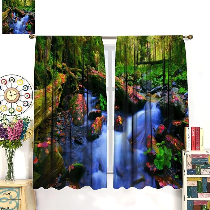 Forest Landscape Blackout Curtains, Natural River Rainforest Waterfalls Plant Print Pattern Window Drapes, for Bedroom Living Room 84" W X 84" L