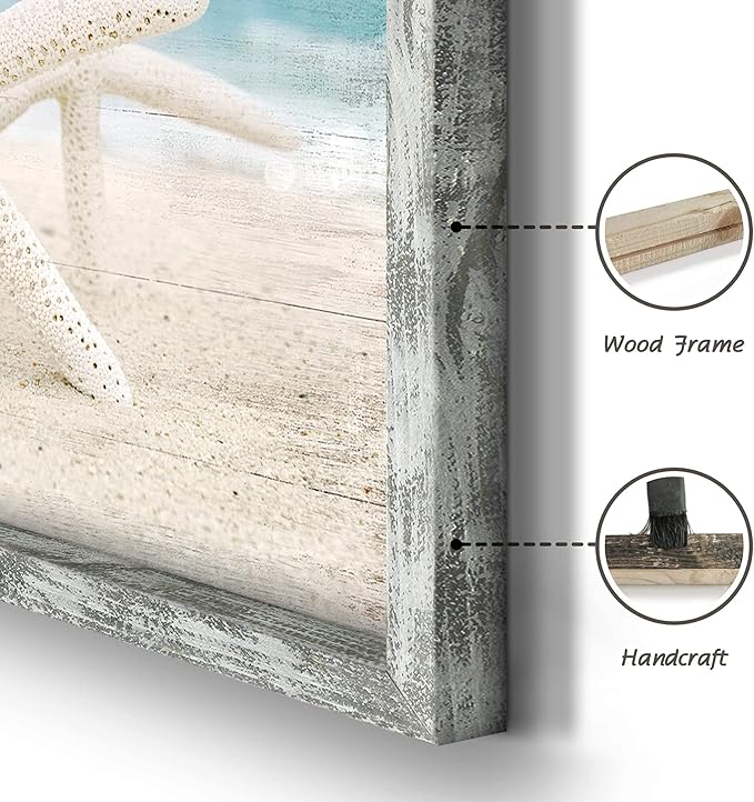 Beach Pictures Wooden Wall Art: Ocean Artwork Home Decor Set of 3 Seascape Pathway Surfboard Starfish Collection Prints for Bedroom Framed