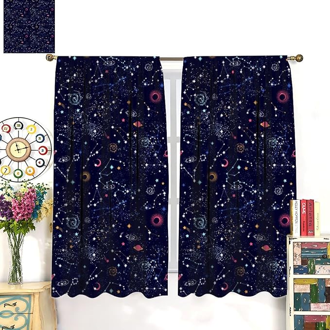 Kids Galaxy Curtains, Fantasy Stars Outer Space Universe Planets Print Window Treatments for Boys Girls Bedroom Nursery Playroom 52" W X 84" L