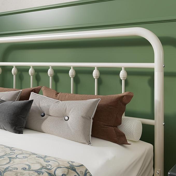 SHA CERLIN Full Size Metal Platform Bed Frame with Victorian Style Iron-Art Headboard and Footboard, Easy Assembly, Under Bed Storage, No Box Spring Required, White