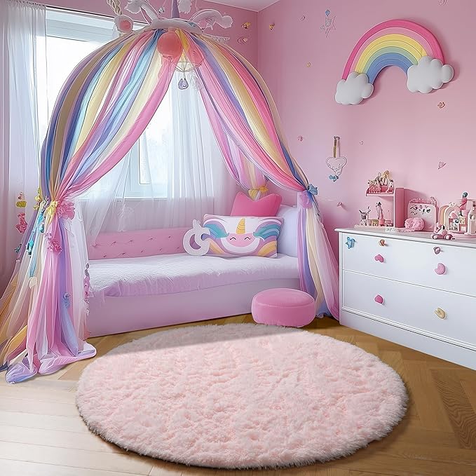 Amdrebio Light Pink Small Round Rug 3Ft for Girls Bedroom, Fluffy Circle Area Rugs for Kids Room Decor Aesthetic, Cute Shag Fuzzy Carpet for Nursery, Preppy Dorm, Classroom, Playroom, Teen, Baby