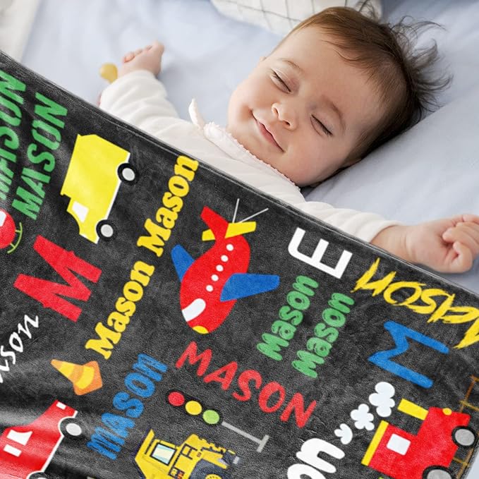Custom Blanket with Name for Boys, Personalized Name Blanket City Transport, Soft Flannel Blankets Customized Gift for Children Day Birthday Christmas-40 x50
