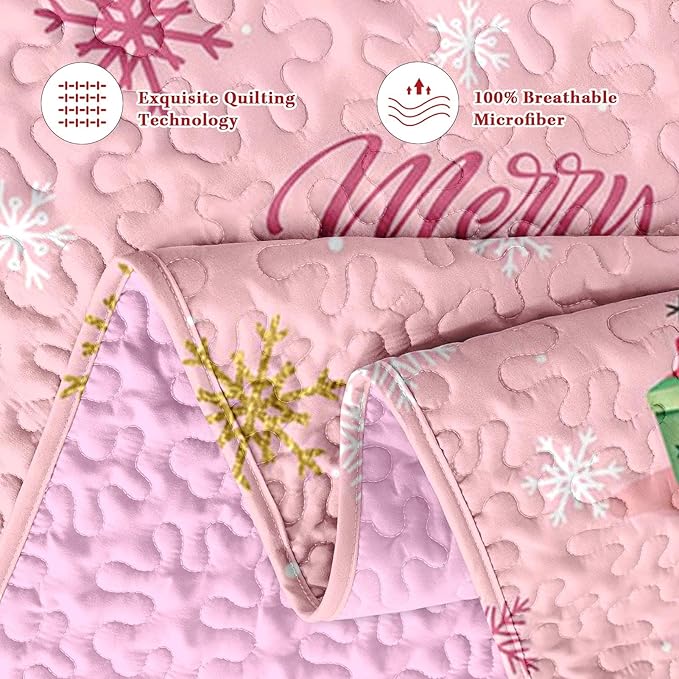 Christmas King Size Quilt Set, Black Cat Xmas Trees Lightweight Bedspread Coverlet with Pillow Shams for Kids and Adults, Pink Snowflakes 3 Pcs Bedding Bed Cover