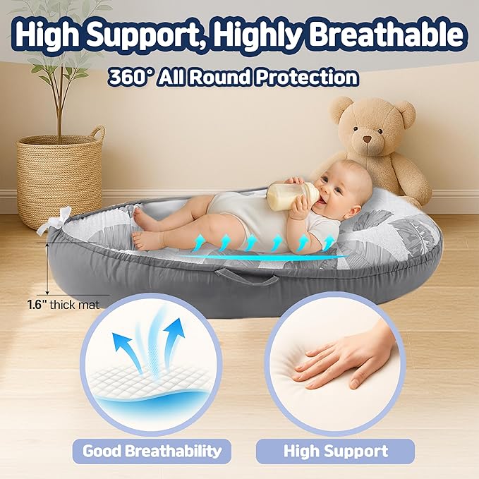 Baby Lounger for Newborn 0–24 Months, Baby Pillow & Baby Nest Lounger, Organic Cotton Breathable Infant Pillow, Portable Baby Nest for Home & Travel (Grey)