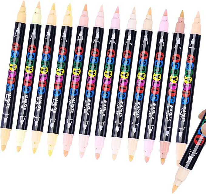 24 Colors Dual Tip Art Markers with Fine & Soft Brush Acrylic Paint Pens Lighter Skin Tone for Paper, Rock Painting, Wood Sign, Drawing for Adult Waterproof