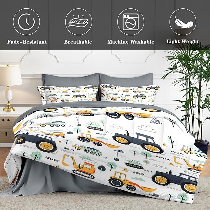 5 Pcs Twin Size Comforter Set with Pillowcase & Sham, Tractor Bedding for Kids and Adults, Construction Truck Bedding Set with Flat & Fitted Sheet