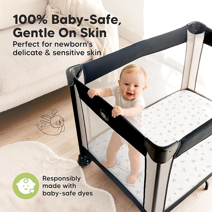 Pack and Play Sheets Fitted - 2-Pack Mini Crib Sheets for Pack N Play Mattress 38x26, Soft & Cozy, Neutral Toddler Playard Bedding, Snug Fitted Mini Baby Crib Mattress Cover Boy, Girl (Meadow)