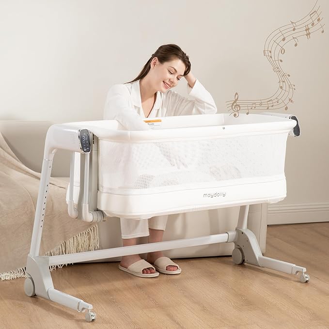 Maydolly Baby Bassinet, Smart Crib, Automatic Cry Detection and Response, Rocking Bassinet for Baby, 7 Height Adjustable with Mattress for Newborns (White)